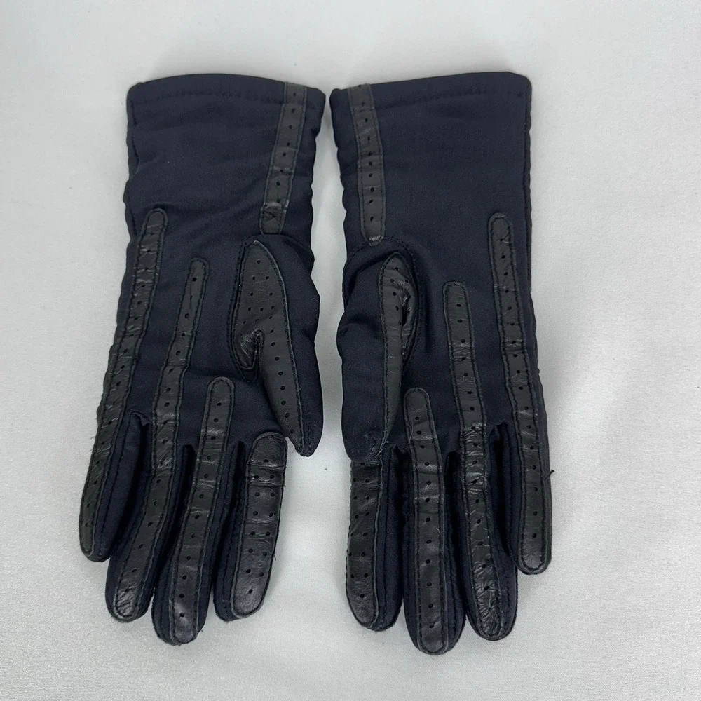 Isotoner Driving Gloves Women O/S Black Stretch Lined Leather Trim Chevron‎ VTG - Picture 3 of 8